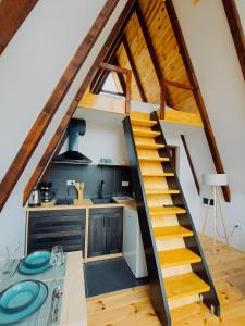 莫伊科瓦茨Fern Farm Tiny Home的阁楼上的厨房设有螺旋楼梯
