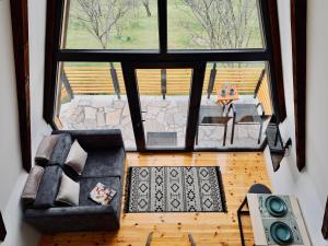 莫伊科瓦茨Fern Farm Tiny Home的客厅享有高空美景,配有沙发和窗户。
