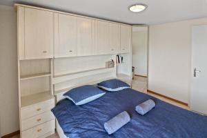 圣金戈尔夫Splendide logement avec vue plongeante sur le lac的一间卧室配有蓝色的床和两个枕头