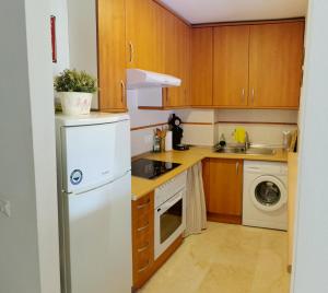 圣路易斯·德·萨比尼尔APARTAMENTO CASARES PLAYA的厨房配有木制橱柜和白色冰箱。