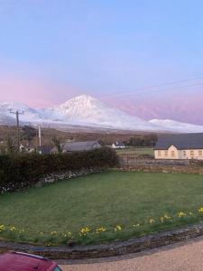 韦斯特波特Modern apartment at Croagh Patrick的远处的雪覆盖的山,有鲜花的院子