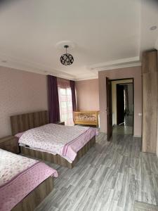 巴库里阿尼Villa in Bakuriani的酒店客房设有两张床和窗户。