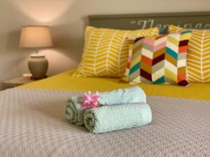 克拉伦代克Tala Lodge Bonaire的酒店客房,配有带毛巾的床