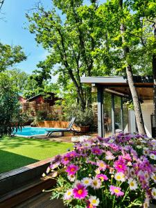 巴拉顿诺尔马迪Pine-Wood Resort的鲜花盛开的花园和一个游泳池