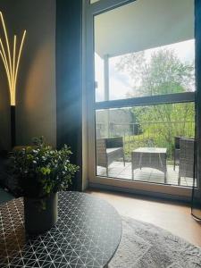 开姆尼茨Modernes Apartment in Chemnitz的一间设有桌子、盆栽植物和窗户的房间