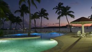 圣马丁岛En bord de plage Baie Nettlé, appart 4 couchages tout rénové的棕榈树和椅子的夜间游泳池
