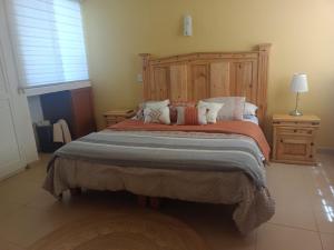 拉巴斯GoBaja Villas 3 bedroom的一间卧室配有一张大床和木制床头板