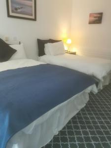 Tory IslandOstán Oileán Thoraí Tory Island Hotel的两张位于酒店客房的床铺,配有蓝色毯子