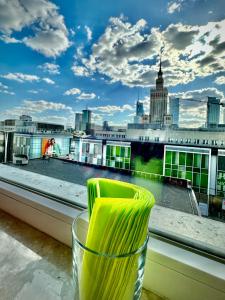 华沙Super GOLD Centrum 2x Metro WiFi 600 Mb/s Netflix HBO AppleTV的享有城市天际线景致的窗户。