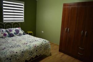 瓦尔迪维亚CABAÑA 2 TINAJA-PISCINA-QUINCHO的一间卧室配有一张床、一个梳妆台和一扇窗户。