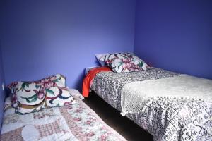 瓦尔迪维亚CABAÑA 2 TINAJA-PISCINA-QUINCHO的紫色墙壁客房的两张床