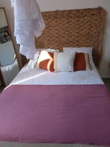 大博格Dous'Inn Kreyol Appartement的一张带紫色棉被和枕头的床