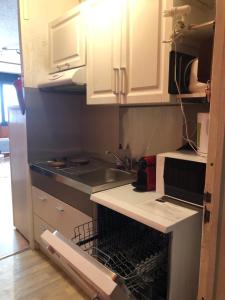 苏佩贝斯Appartement Super Besse的厨房配有白色橱柜、水槽和洗碗机。