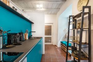 康斯坦茨Goldliebe的厨房配有蓝色橱柜和蓝色的墙壁
