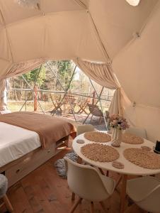 弗勒希察Medve Dome - Luxury Camping in the middle of nature的帐篷配有一张床和一张桌子及椅子