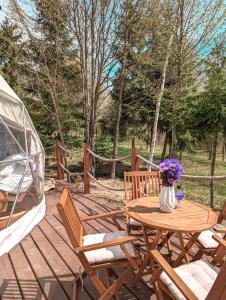 弗勒希察Medve Dome - Luxury Camping in the middle of nature的一张带椅子的木桌和甲板上的花瓶