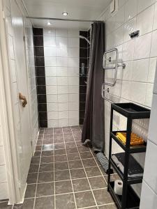 斯泰农松德Rymlig lägenhet i Stenungsund的带淋浴的浴室和瓷砖地板。