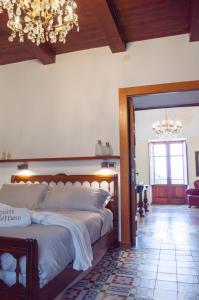 帕埃斯图姆Suite Nettuno Paestum的一间卧室配有一张大床和一个吊灯。