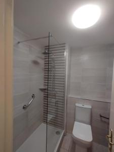 多尼戈尔多尼歌中心酒店的一间带卫生间和玻璃淋浴间的浴室