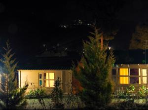 柴尔Golden valley cottages, Chail的一座房子,在晚上,前面有树木