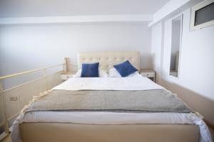 都拉斯Premium Selection Apartments的一间卧室配有一张带蓝色枕头的大床