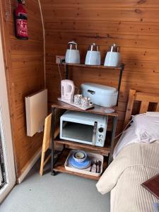 霍利黑德Sea and Mountain View Luxury Glamping Pods Heated的一间厨房,在床边的架子上配有微波炉