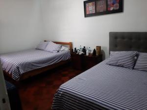 圣地亚哥Atacama Hostel Backpackers的一间卧室配有两张带条纹床单的床