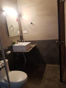 西隆The Arbour Inn的一间带水槽、卫生间和镜子的浴室