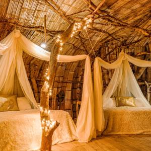 内瓦Bethel BioLuxury Tatacoa Desert的一间位于稻草小屋的卧室,配有两张床