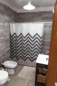 普拉亚欧尼恩Los Palos Ribera Norte的一间带卫生间和淋浴帘的浴室