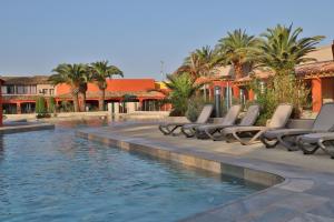 阿尔勒SOWELL HOTELS L'Olivier的一个带躺椅的游泳池,棕榈树