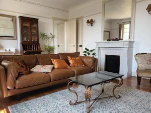 GaillonLe Manoir du Cerf的客厅设有棕色沙发和壁炉