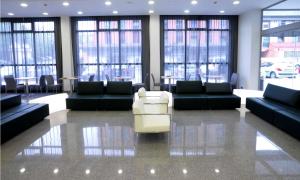 莱约阿NH拉阿旺萨达酒店的带沙发、椅子和窗户的等候室