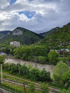 博尔若米Gari's apartment next to Borjomi Central Park的享有山脉背景的河流美景