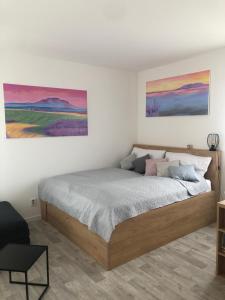 米库洛夫Apartmán X28的卧室配有一张壁画和两张画的床铺。