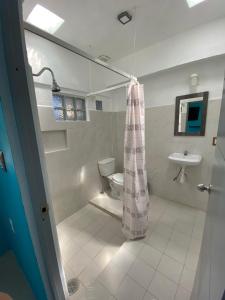 坎佩切Hotel Murallas Capital的带淋浴、卫生间和盥洗盆的浴室