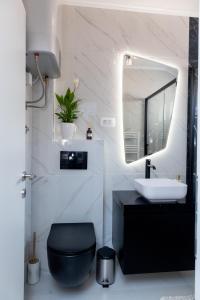 科尔丘拉Art & Gallery Vacation Home的浴室设有黑色的卫生间和水槽。