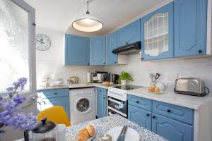 锡德茅斯Orchard Cottage的蓝色的厨房配有洗衣机和洗衣机