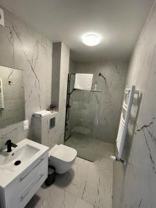 加茨比亚格拉Natura Park的带淋浴、卫生间和盥洗盆的浴室