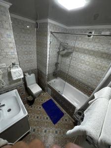 布哈拉SHAHRISTAN Plaza的带淋浴、盥洗盆和卫生间的浴室