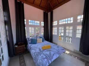 大加那利岛拉斯帕尔马斯CoLiving Villa Brasil的一间卧室配有一张带蓝色床单和窗户的床。