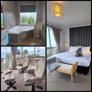 努盖特角Kaka Point Spa Accommodation - Catlins的四张酒店客房的照片,配有一张床和一个浴缸