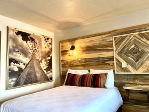 LovellHorseshoe Bend Motel的一间卧室配有一张壁画大床