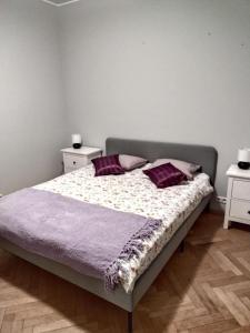 华沙ToTuToTam的一间卧室配有一张带紫色枕头的床