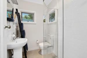 Mount WilsonGowan Ross Cottage的白色的浴室设有卫生间和水槽。