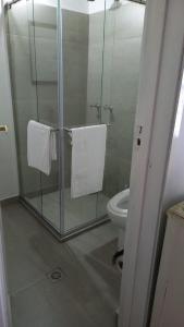 杜伊塔马Hostal La Cestería Pueblito Boyacense的浴室设有玻璃淋浴间和卫生间