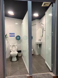 河内河内奢华酒店的浴室配有卫生间、淋浴和盥洗盆。