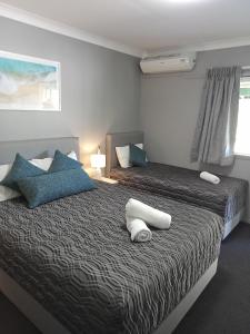卧龙岗Solomon Inn Motel Figtree的一间卧室配有两张带蓝白色枕头的床