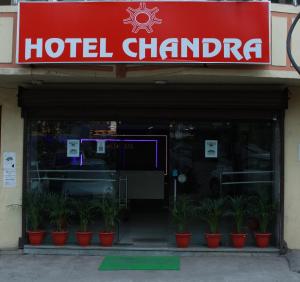 贾姆谢德布尔Hotel Chandra的建筑前的旅馆小房子里满是盆栽植物