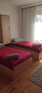 苏瓦乌基HOSTEL Róża的一间卧室设有两张带红色床单的床和窗户。